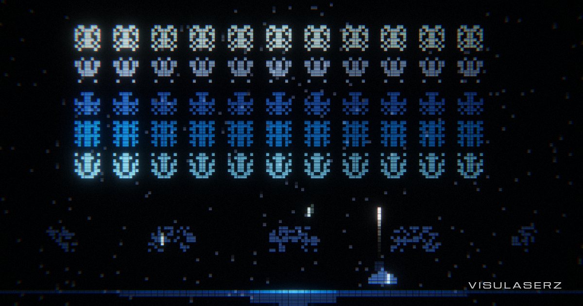 Arcade, a Visulaserz music visualizer scene: Pixel invaders march on the beat, columns lit per band, cannon fires in time