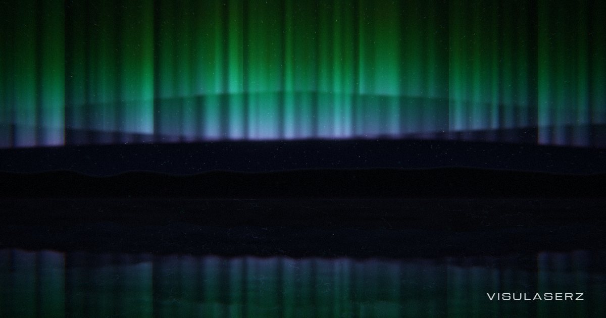 Aurora, a Visulaserz music visualizer scene: Northern lights over a frozen lake; curtains lit by the spectrum, beat ripples