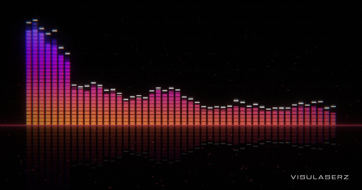 Bars, a Visulaserz music visualizer scene: Classic LED ladder spectrum with falling peak caps over a mirrored floor