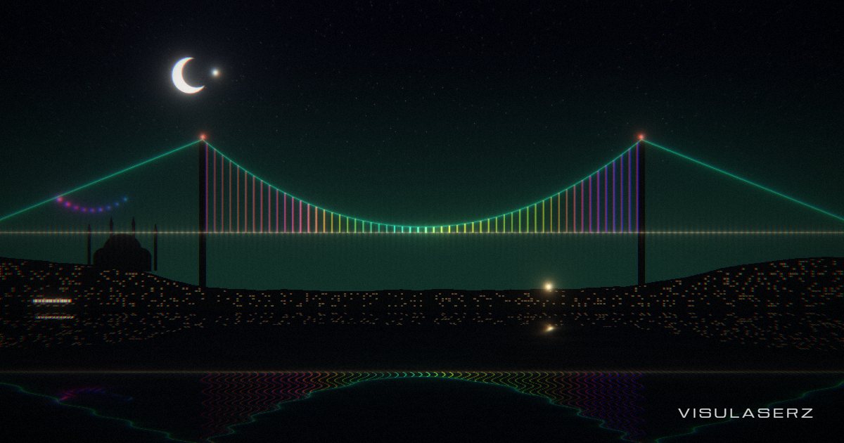 Bosphorus, a Visulaserz music visualizer scene: Istanbul bridge at night; its hanger lights are the spectrum, mirrored in water