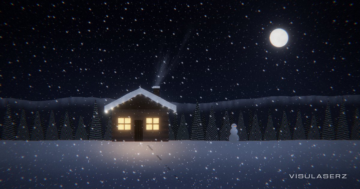 Cabin, a Visulaserz music visualizer scene: Snowed-in cabin at night; eave bulbs show the spectrum, fire glows with bass