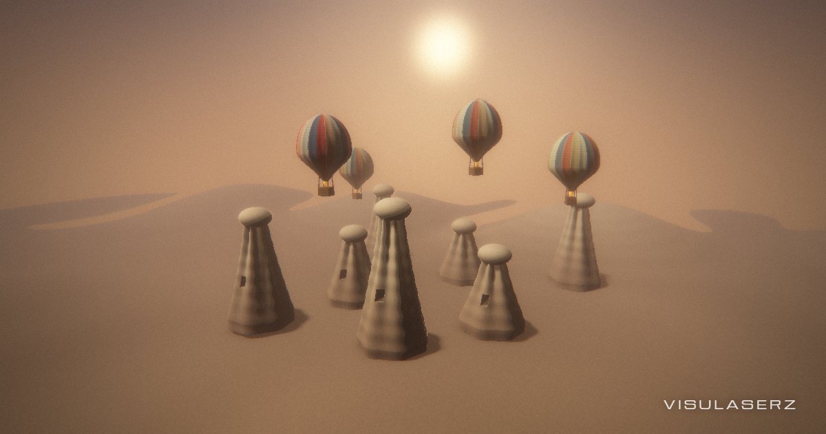 Cappadocia, a Visulaserz music visualizer scene: Fairy chimneys at dawn beneath sculpted hot-air balloons; bass lifts the envelopes and kicks ignite the burners