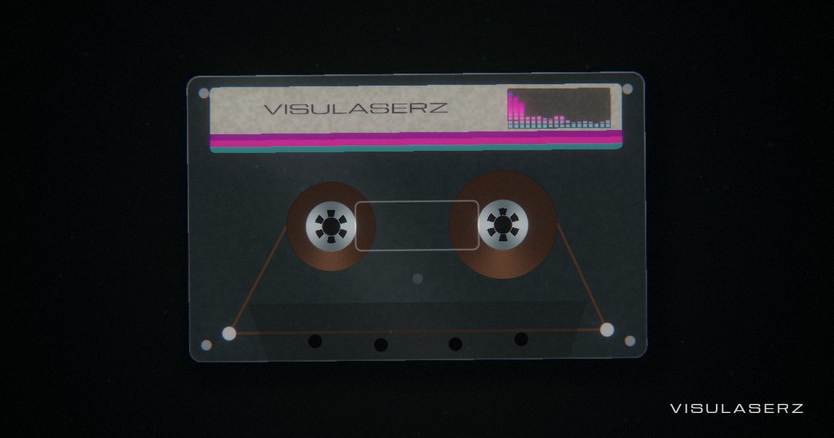 Cassette, a Visulaserz music visualizer scene: Clear-shell tape winding reel to reel, title on the label, hubs glow with bass