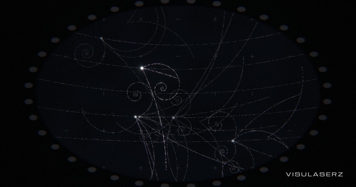 Chamber, a Visulaserz music visualizer scene: A bubble chamber photograph: every beat is a collision, tracks curling in the magnetic field