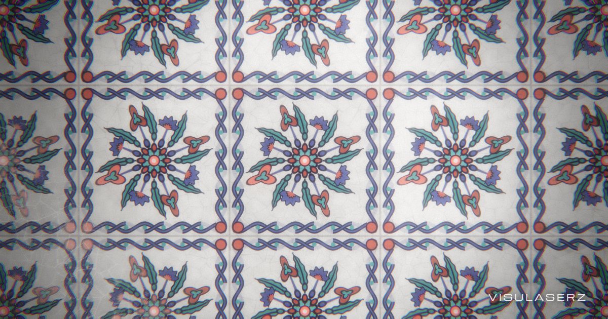 Çini, a Visulaserz music visualizer scene: An Iznik tile wall; eight blooms take eight bands, beats sweep light across the glaze