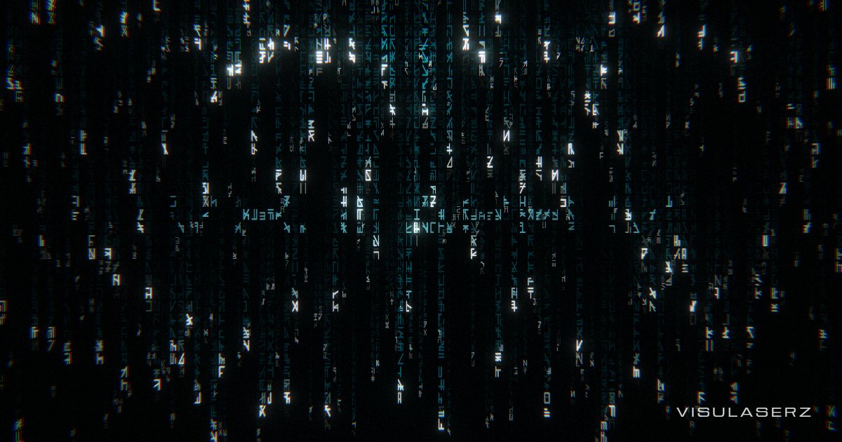 Cipher, a Visulaserz music visualizer scene: Digital rain with one band per column; the song title condenses out of it