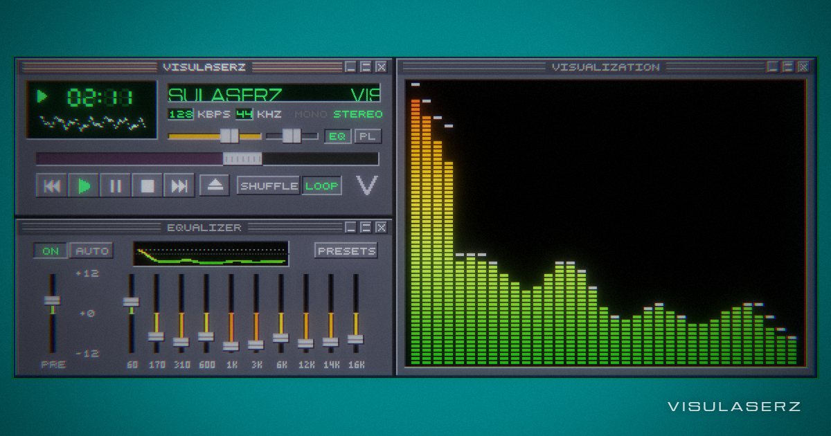 Classic, a Visulaserz music visualizer scene: The Winamp 2 desktop: pixel analyser with falling peaks, green LCD time, crawling title, a dancing EQ
