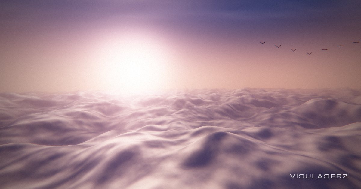 Cloudsea, a Visulaserz music visualizer scene: Sunset flight over a cloud deck that billows with bass; birds flap in time