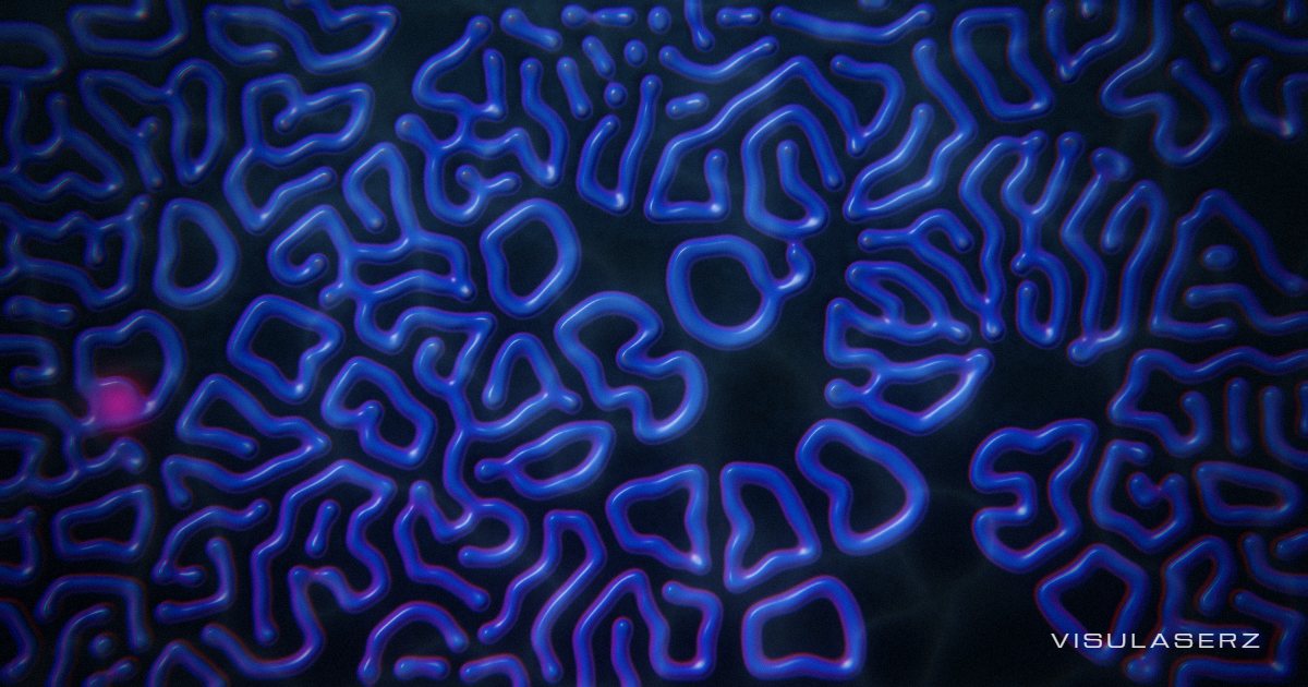 Coral, a Visulaserz music visualizer scene: A living reef grown by reaction–diffusion: loud passages branch into coral, quiet ones pinch into spots
