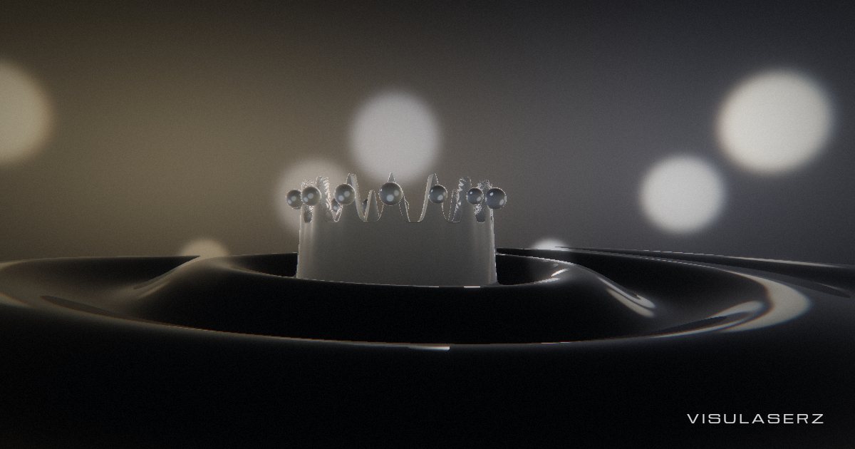 Damla, a Visulaserz music visualizer scene: Macro water: on every beat a drop hits a black pool and a crown of water leaps up, flinging droplets, while coloured lights glint through it