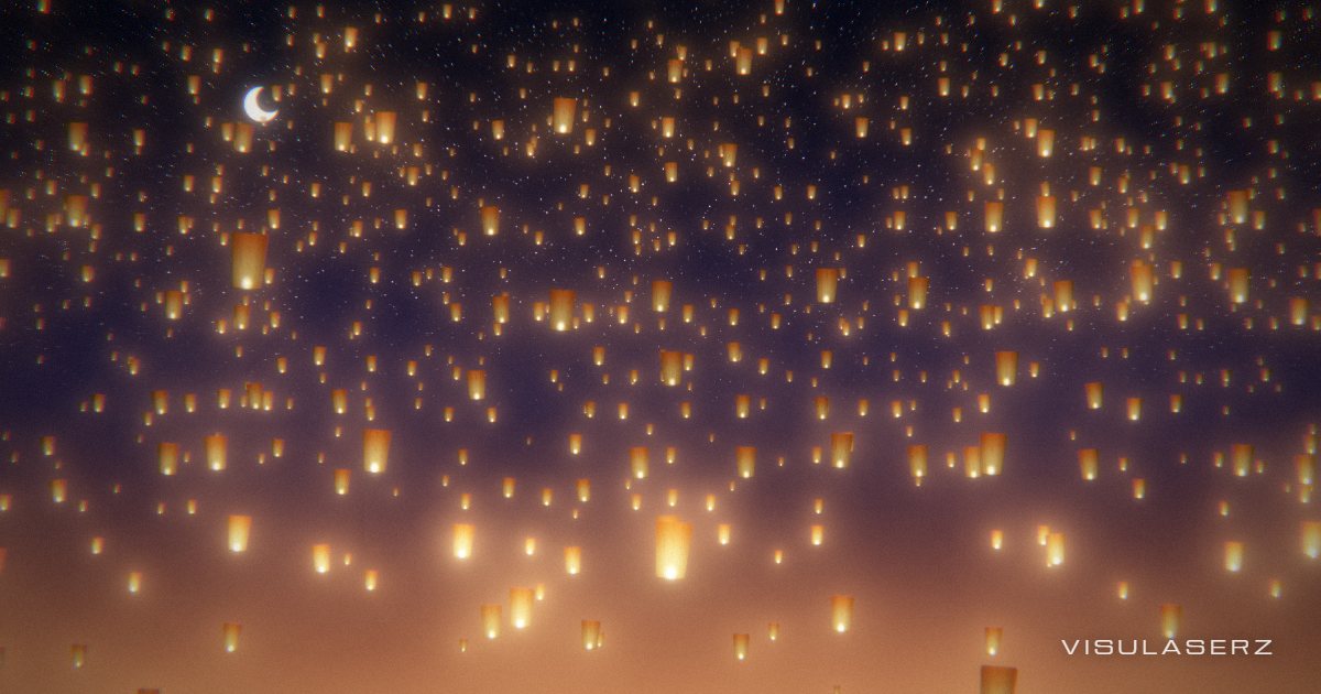 Dilek Fenerleri, a Visulaserz music visualizer scene: Hundreds of wish lanterns rising into the night: every flame flickers with its own band, the bass swells their glow, and each beat sends a wave of light up through them