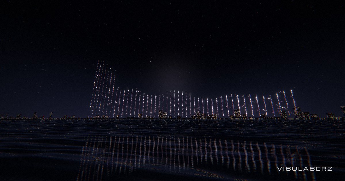 Drones, a Visulaserz music visualizer scene: A drone light show over the harbour; every eight beats the swarm flies to a new picture