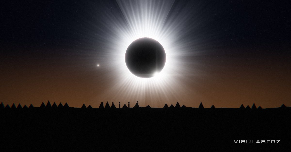 Eclipse, a Visulaserz music visualizer scene: Total eclipse whose corona is a ring spectrum; diamond ring flashes on beats