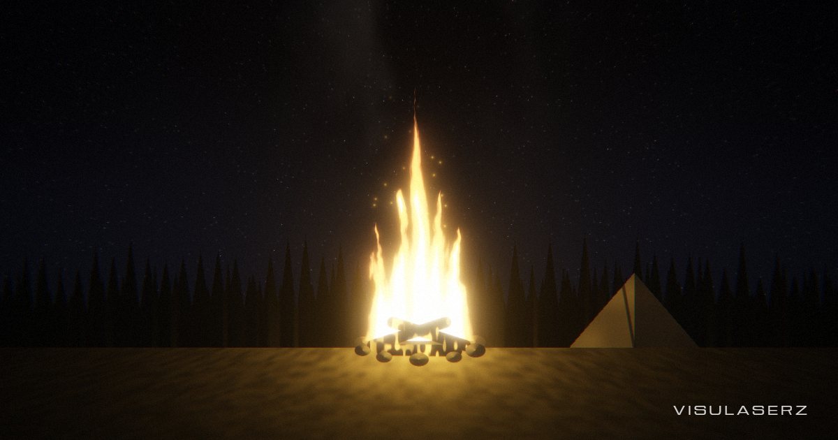 Ember, a Visulaserz music visualizer scene: Campfire by the woods; five flame tongues leap with the spectrum bands