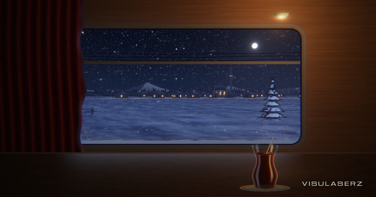 Eastern Express, a Visulaserz music visualizer scene: A night train across the snow, Doğu Ekspresi style: wires rising and falling past the window, a village with a minaret going by, and a glass of tea that rings with the bass