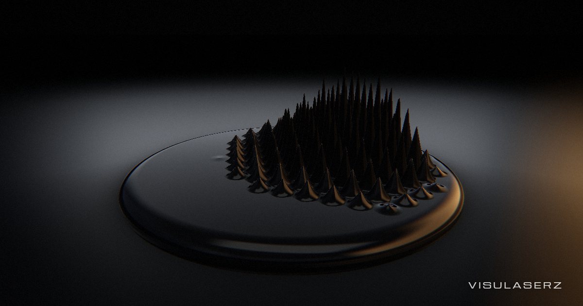 Ferro, a Visulaserz music visualizer scene: Black ferrofluid over a magnet that is the bass: spikes stand up on the kick and sink between