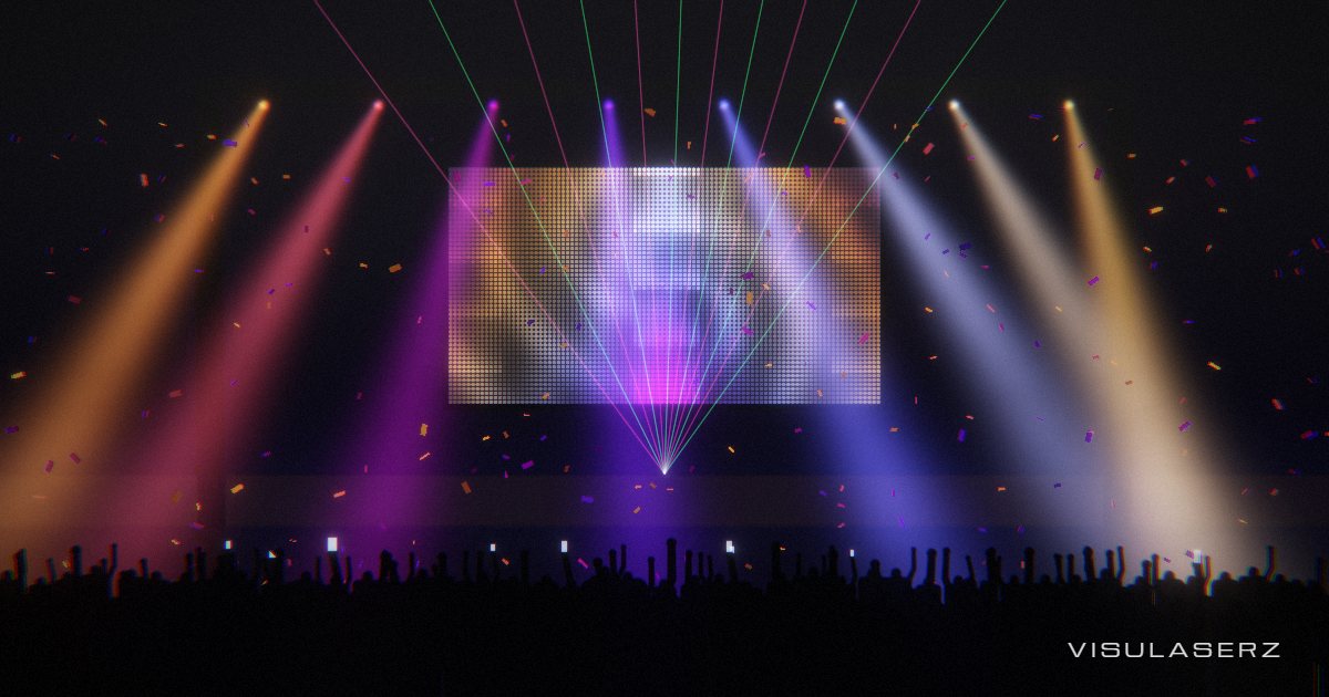 Festival, a Visulaserz music visualizer scene: A festival main stage from inside the crowd: moving-head beams sweep the haze, lasers fan out and the LED wall plays the music’s own spectrogram