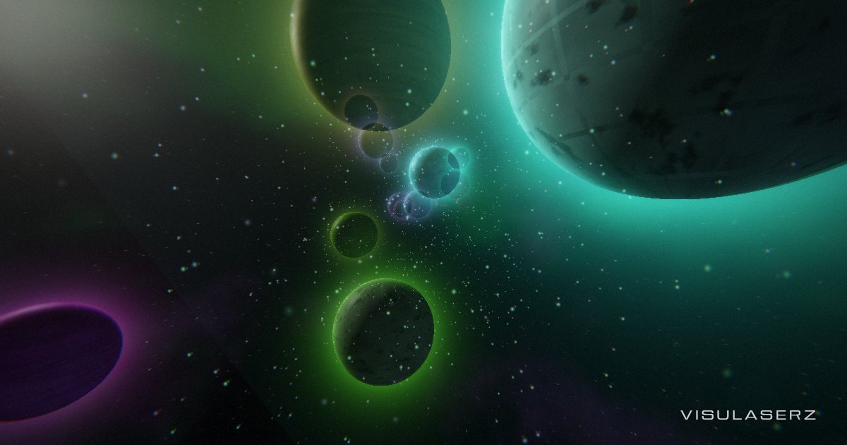 Flyby, a Visulaserz music visualizer scene: Threading close between sunlit planets, bass lighting their atmospheric halos