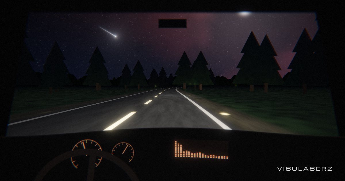 Forest, a Visulaserz music visualizer scene: Headlights on a pine road under the Milky Way, fireflies and ground fog