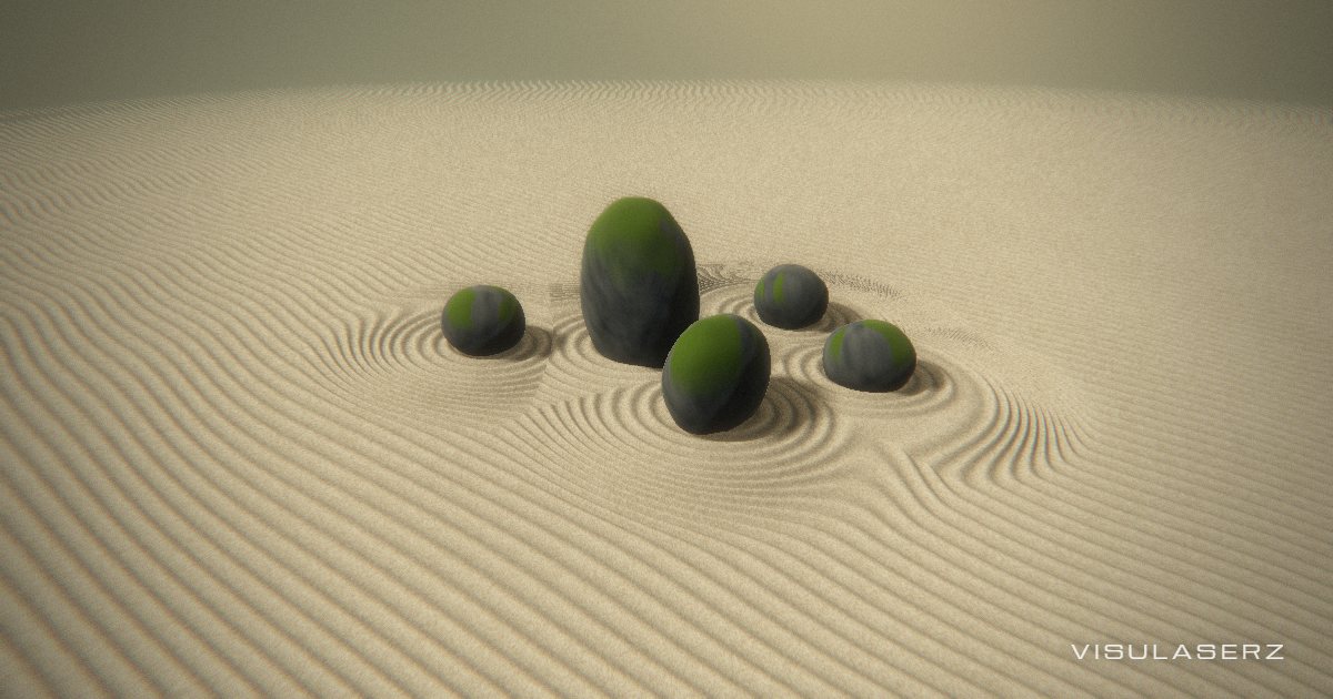 Garden, a Visulaserz music visualizer scene: Sculpted moss stones in raked sand; bass travels through the grooves and mids illuminate the moss