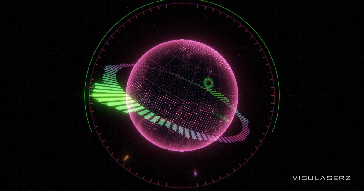 Globe, a Visulaserz music visualizer scene: Holographic dot-matrix planet; cities glitter per band, beats ping the map