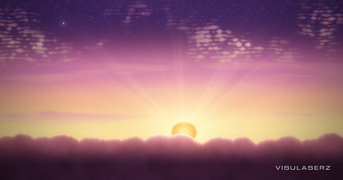 Gün Batımı, a Visulaserz music visualizer scene: A whole sky at sunset: a red sun sinks into a burning cloud bank, its rays pulse band by band, and every beat throws a green flash