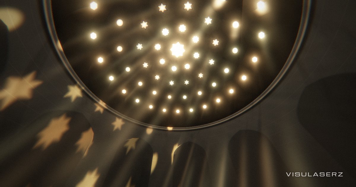 Hamam, a Visulaserz music visualizer scene: Looking up into an Ottoman bath dome: star-shaped glass lenses burn with the spectrum, and sunbeams cut through the steam to print stars on the arches