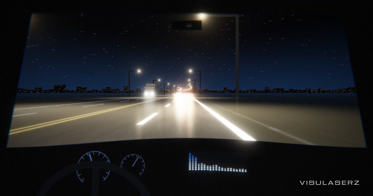 Highway, a Visulaserz music visualizer scene: Night motorway from the driver's seat; traffic taps its brakes on the beat