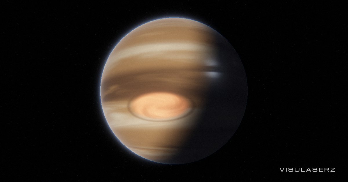 Jupiter, a Visulaserz music visualizer scene: Gas giant up close; every cloud belt runs on its own band, beats fire lightning on the night side