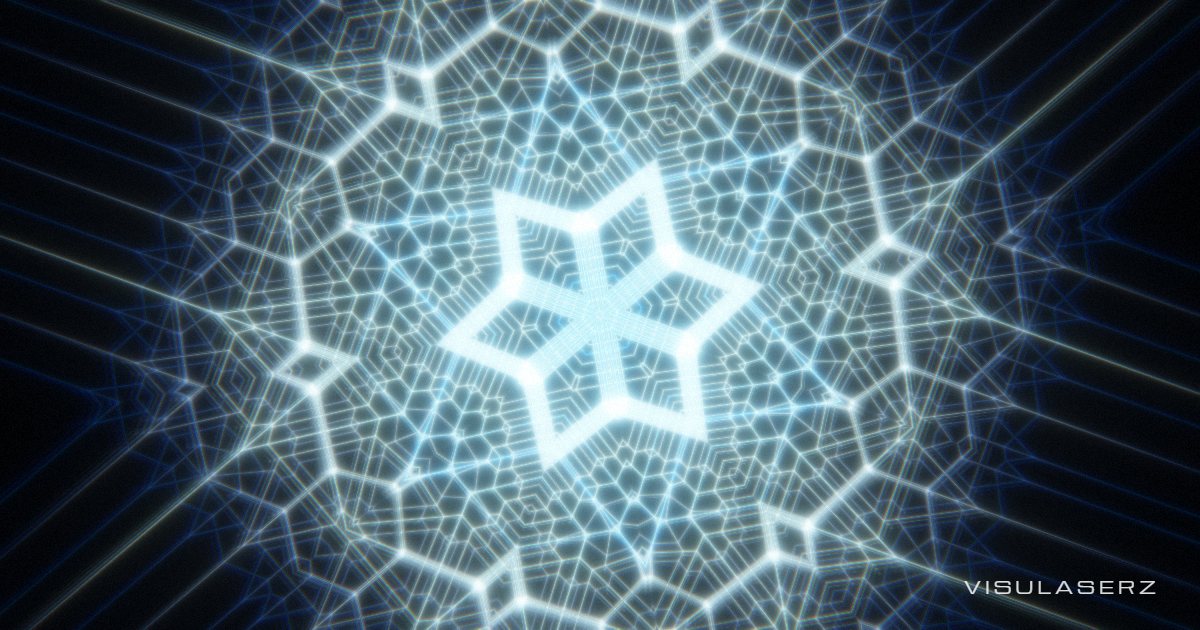 Kaleido, a Visulaserz music visualizer scene: Six-fold fractal of neon lines that bends with bass and pulses on beats