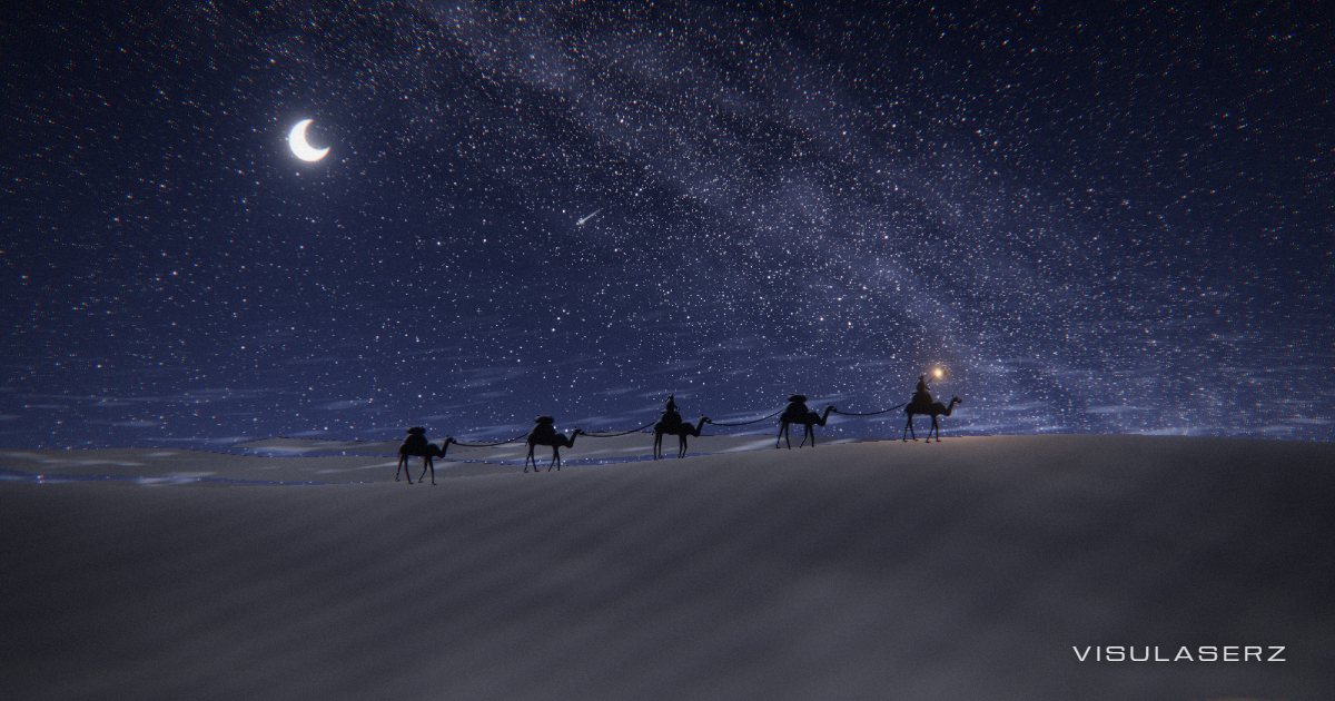 Kervan, a Visulaserz music visualizer scene: A camel caravan walks a moonlit dune crest under the Milky Way; the bass blows sand off the crests and every beat sends a shooting star