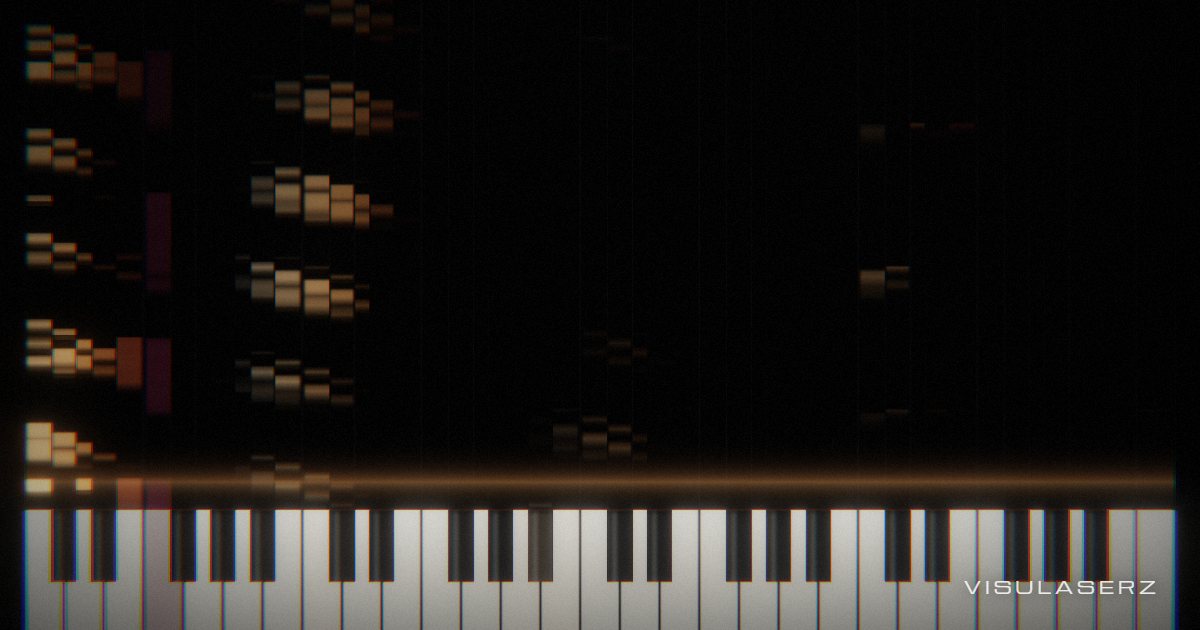 Keys, a Visulaserz music visualizer scene: Player piano with keys lit by the spectrum and a piano roll scrolling up