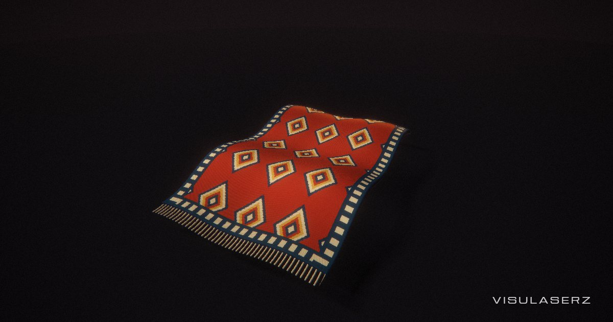 Kilim, a Visulaserz music visualizer scene: A floating woven carpet with knotted diamonds, wool fringe and rolling bass folds