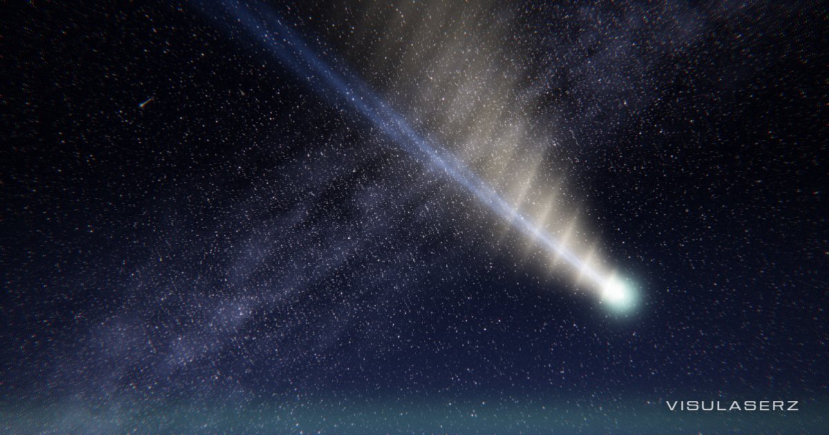 Kuyruklu Yıldız, a Visulaserz music visualizer scene: A great comet across a moonless sky: its dust tail lights striation by striation, the bass swells its head, and every beat bursts meteors from the radiant
