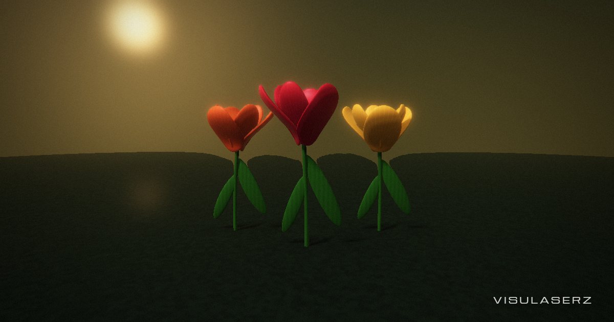 Lale, a Visulaserz music visualizer scene: Three sculpted tulips with six curved petals each; bass opens the cups, melody bends their stems