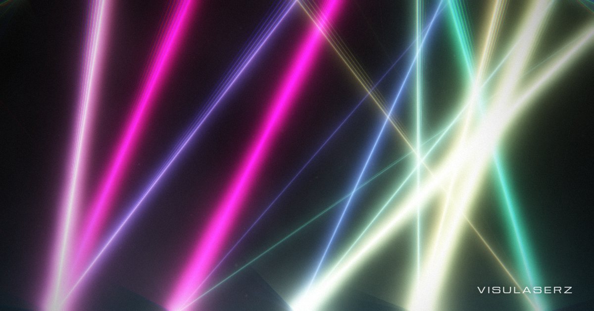 Lasers, a Visulaserz music visualizer scene: Club laser rig in drifting haze; the beam pattern switches every 8 beats