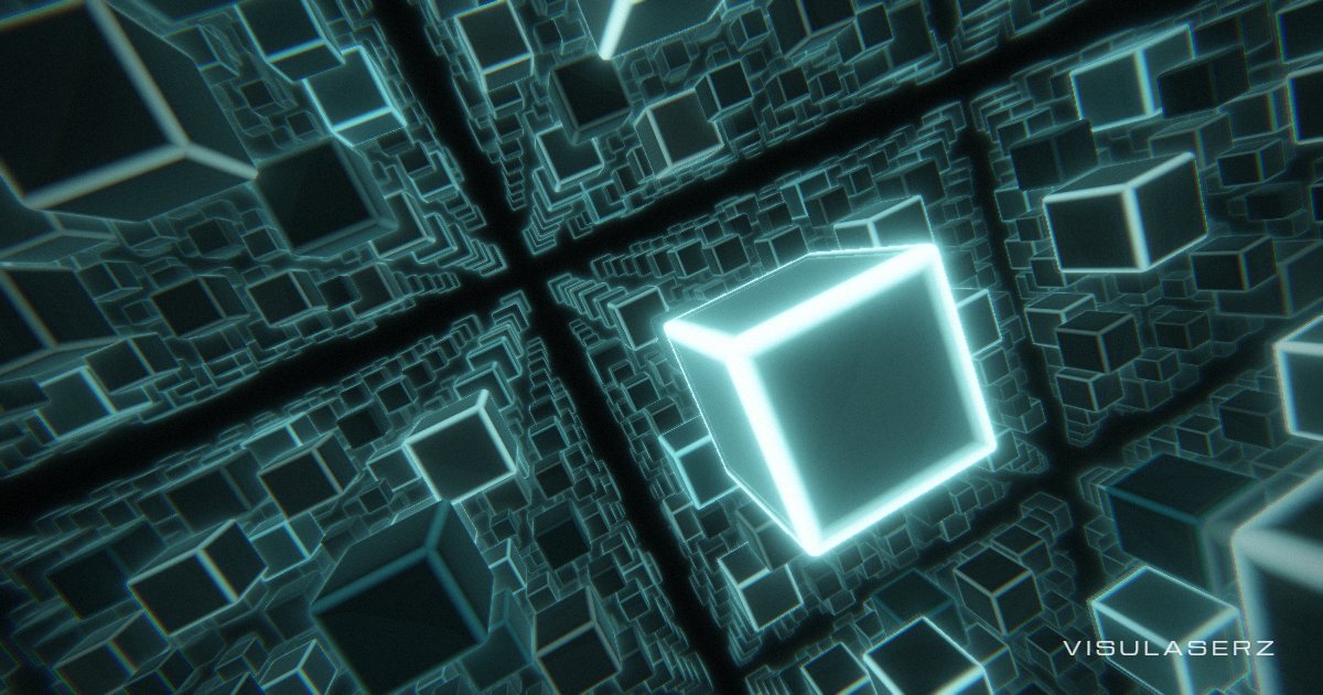 Lattice, a Visulaserz music visualizer scene: Corridor of glowing cubes breathing like a 3D equaliser; a light wall on beats