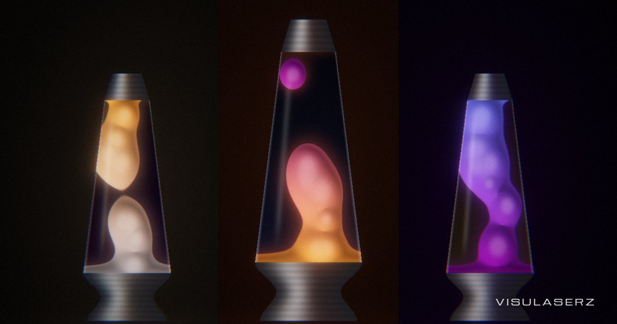 Lava, a Visulaserz music visualizer scene: Three lava lamps in a dark room; wax blobs swell per band and rise faster loud