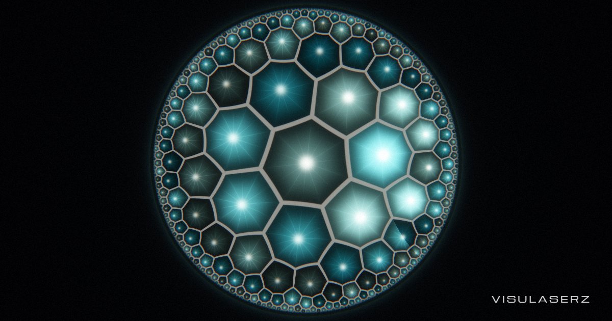 Limit, a Visulaserz music visualizer scene: Escher’s hyperbolic disc: tiles flow to the rim forever; each ring is a band, each beat a wave