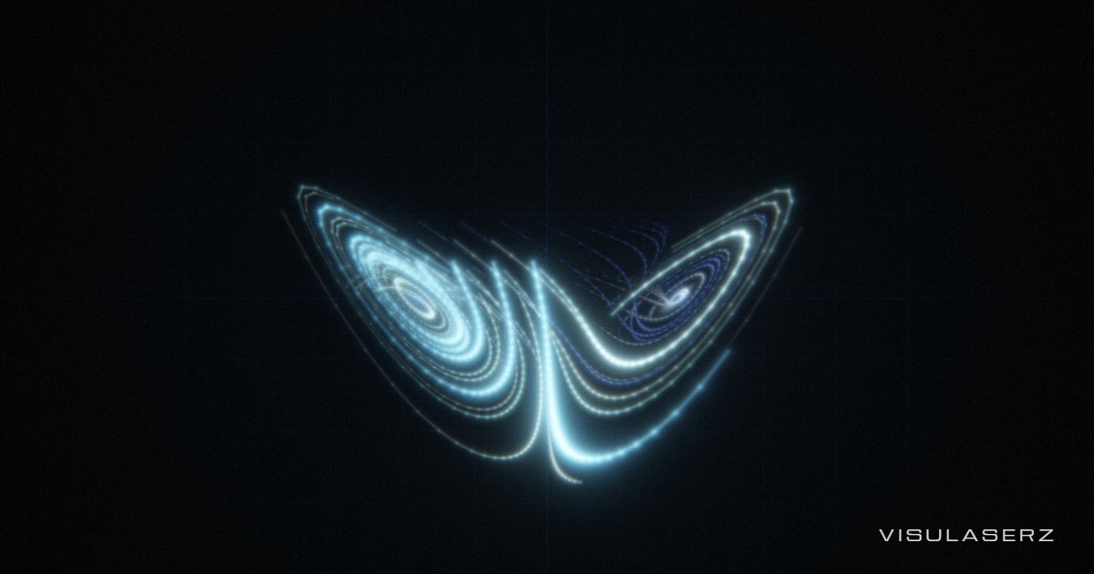 Lorenz, a Visulaserz music visualizer scene: Butterfly attractor traced live; bass bends rho, mids sigma, beats throw the beam to the other lobe