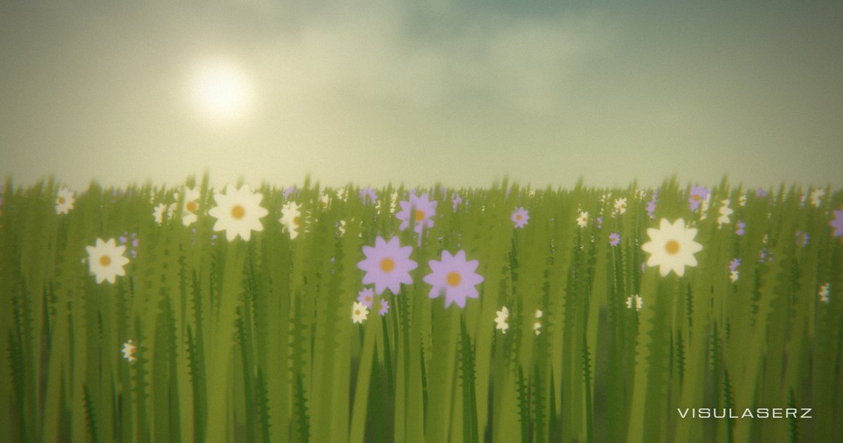 Meadow, a Visulaserz music visualizer scene: A perspective field of twelve thousand grass blades and wildflowers; bass sends wind across the hills