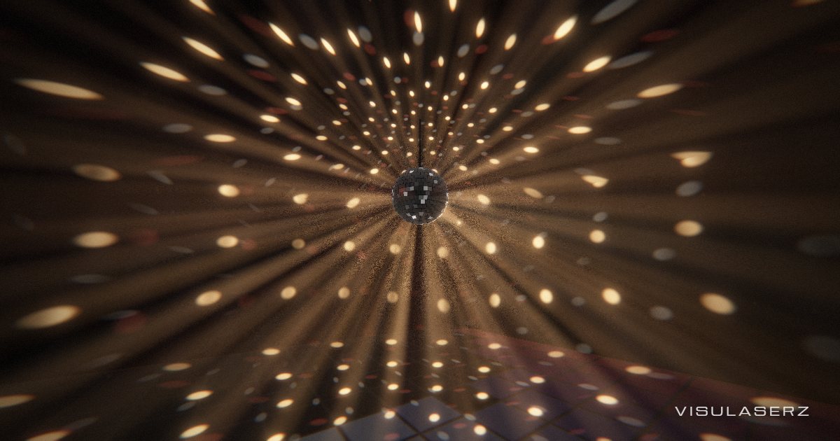 Mirrorball, a Visulaserz music visualizer scene: A mirror ball throws hundreds of spots through the haze; each spotlight colour is a band