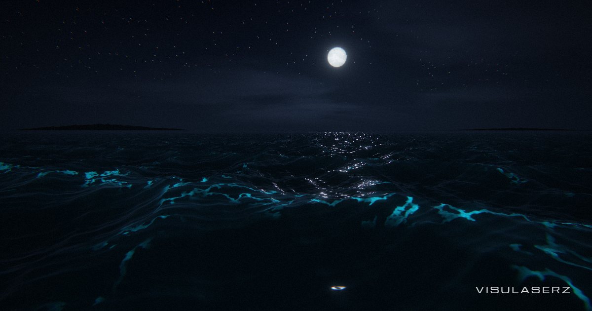 Moonwake, a Visulaserz music visualizer scene: A silver moon over deep rolling water; bass lifts the swell, melody lights the plankton and treble catches the reflections