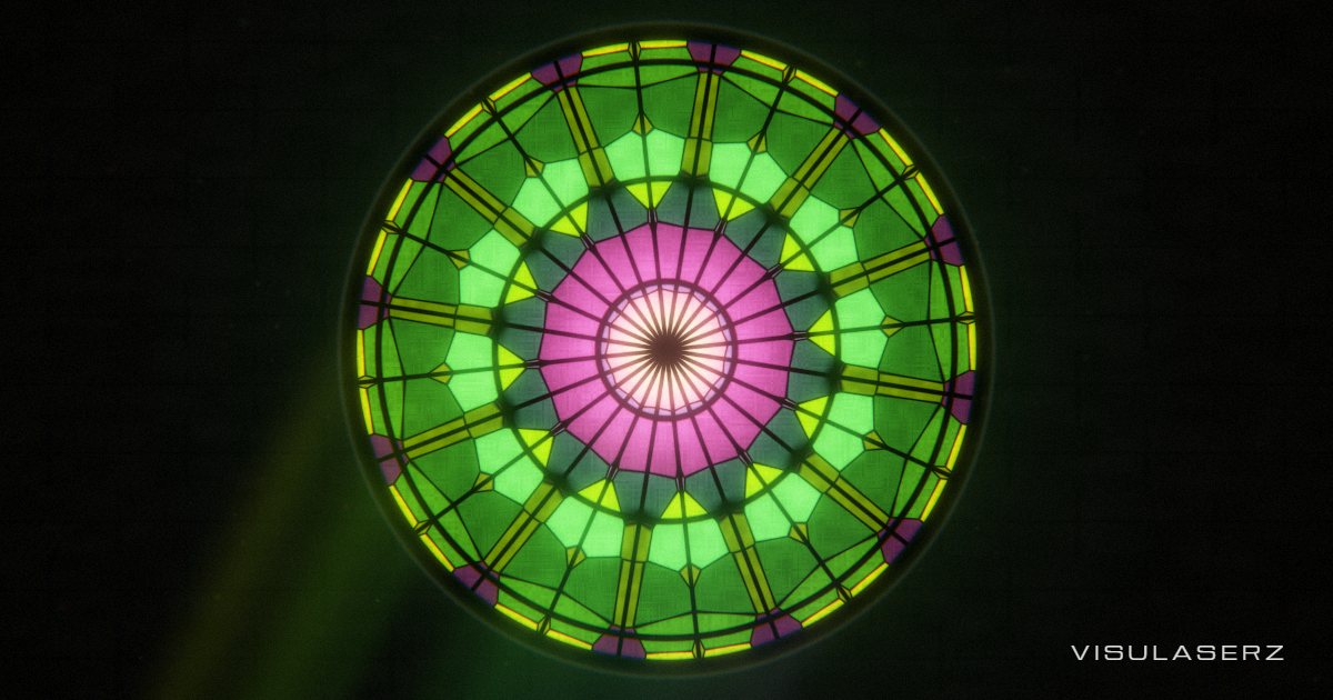Mosaic, a Visulaserz music visualizer scene: Stained-glass rose window; each pane glows with its band, beats send light out