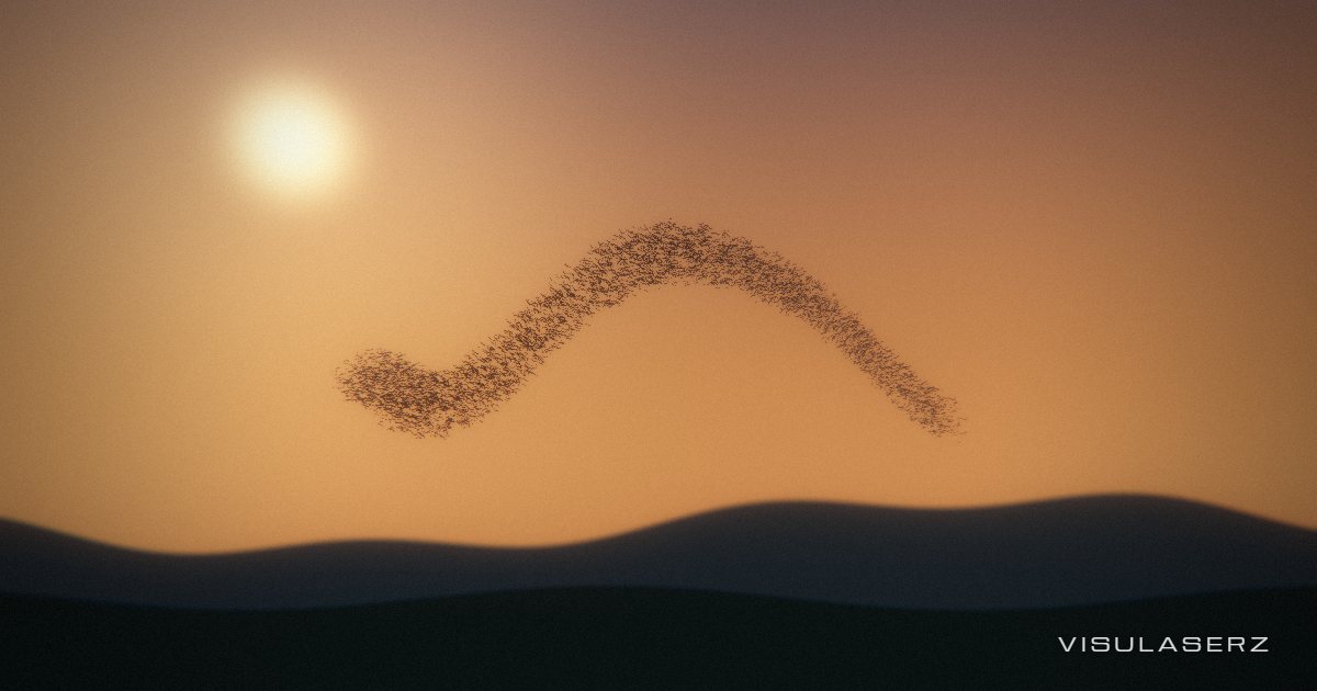 Murmuration, a Visulaserz music visualizer scene: Six thousand individual birds fold through a sunset sky; bass compresses the flock and treble changes the wingbeats