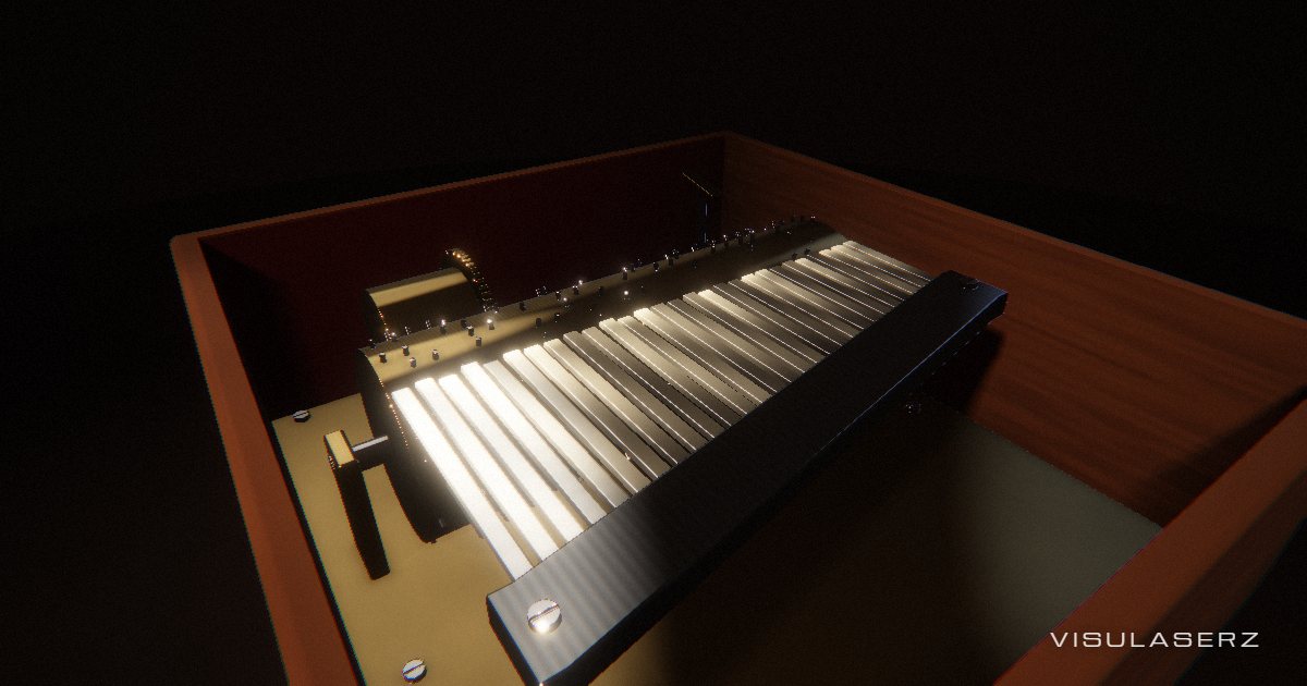Müzik Kutusu, a Visulaserz music visualizer scene: Inside a music box: a pinned brass cylinder turns against a steel comb whose every tooth rings with its own band, bass on the left, highs on the right