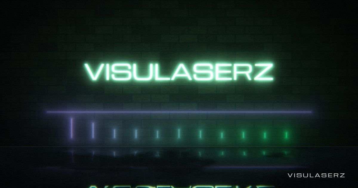 Neon, a Visulaserz music visualizer scene: Track title as a neon sign on brick over wet pavement, flickering with treble