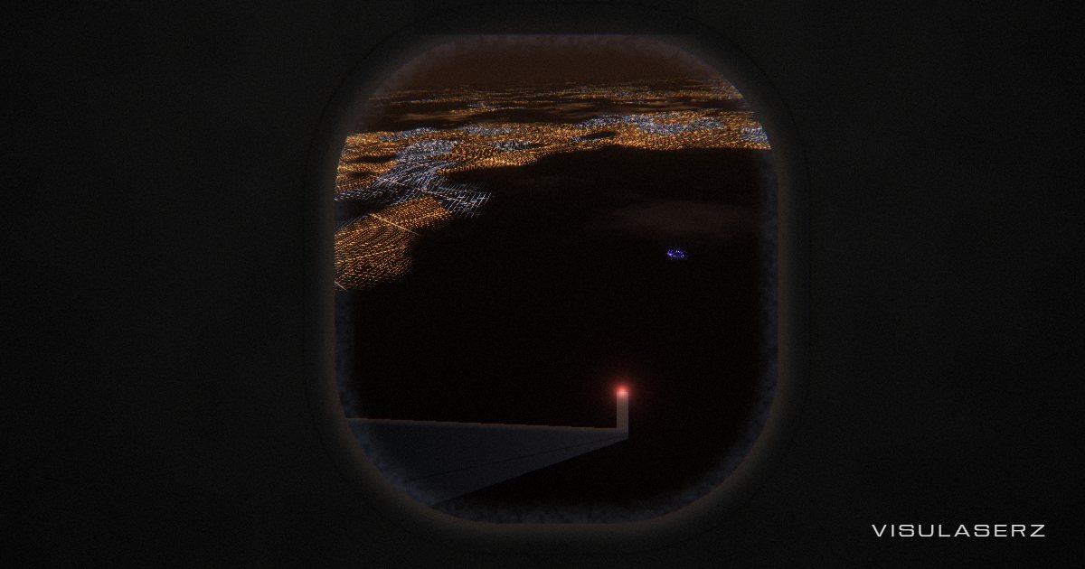 Nightflight, a Visulaserz music visualizer scene: The window seat over a city at night; districts shimmer by band, the wing strobe flashes on the beat