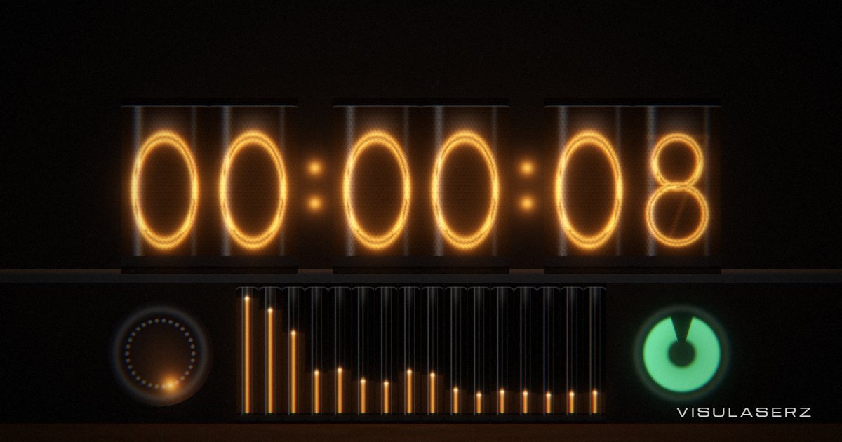 Nixie, a Visulaserz music visualizer scene: Neon Nixie tubes count the beats, bargraph tubes are the analyser, a magic eye reads the level