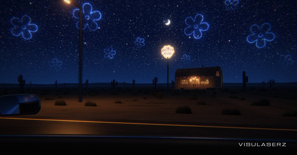 Nostalgia Drive, a Visulaserz music visualizer scene: A night drive out of the passenger window: stars, a crescent moon, blue flower shapes in the sky, and a lobster-trap diner glowing warm by the desert road